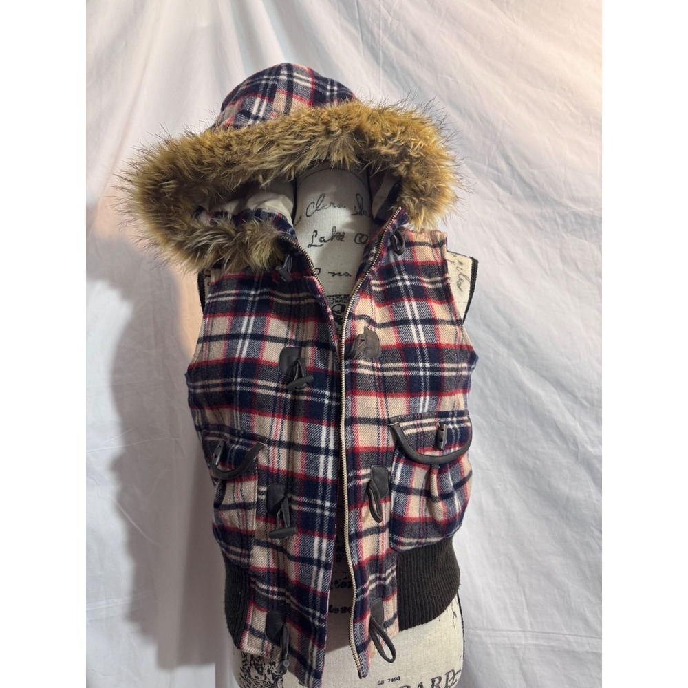 Old Navy Y2K Plaid Wool Blend Hooded Vest Faux Fur Toggle 2007 S